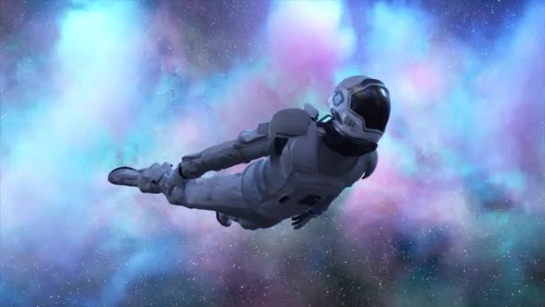 Астронавт Пролітає Повз Фіолетово Блакитні Хмари Простір Космічний Костюм Неоновий — стокове відео