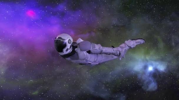 Rymdkoncept Astronaut Rymddräkt Flyger Genom Yttre Rymden Universum Galaxen Moln — Stockvideo