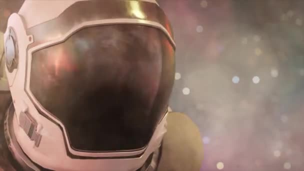 太空中的宇航员 宇航员头盔关闭 以宇宙和外层空间为背景 无缝循环3D动画 — 图库视频影像