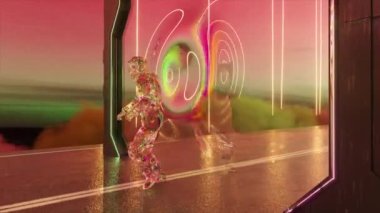 Astronot geçitten geçerken uzay yolunda koşuyor ve bir elmasa dönüşüyor. Arka planda gökyüzü. Neon lazer ışınları. Kusursuz döngünün 3d animasyonu