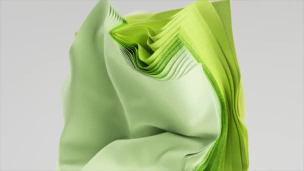 ファッションのコンセプト 孤立した背景に回転する生地の正方形の色の作品を飛んでスタック 緑のドレープ シームレスループの3Dアニメーション — ストック動画