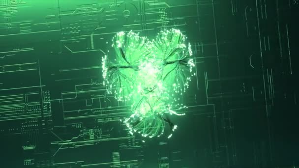 Visualisierungskonzept Leuchtend Grüne Neonpartikel Explodieren Und Erzeugen Ein Hologramm Eines — Stockvideo
