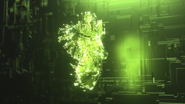 Aiビジュアライゼーションコンセプト 明るい緑色のネオン粒子が爆発し 人間の顔のホログラムを作成する マトリックス 3Dアニメーション — ストック動画