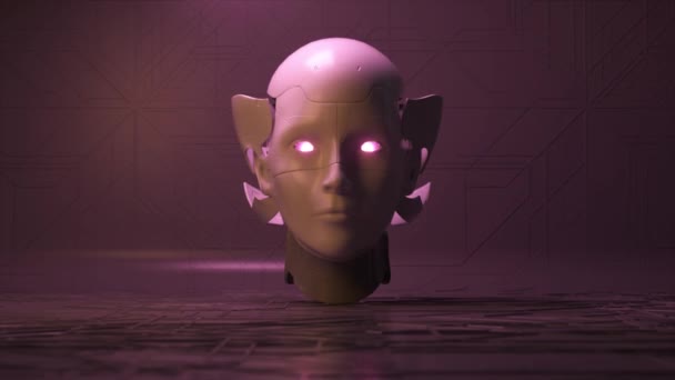 未来的なコンセプト ロボットのセラミックヘッドは 金属脳とネオン眼を明らかにするために開きます クローズアップ ナノテクノロジー パープルネオンカラー 3Dアニメーション — ストック動画