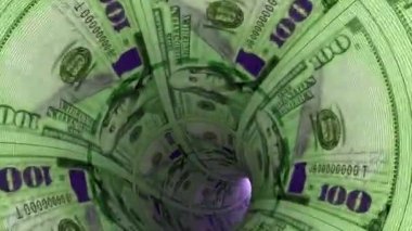 Finans ve yatırım konsepti. Para tüneli, dolar ışığa doğru. Nakit akışı. Yeşil renk. Kusursuz bir döngünün 3d animasyonu.