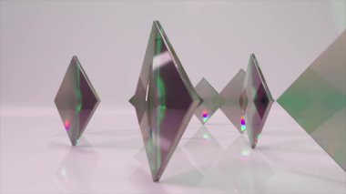 Koyu renk dikdörtgen lensler ışık arkaplan üzerinde bir daire şeklinde döner. Işık kırılması. Temiz geometrik cam. Kusursuz bir döngünün 3 boyutlu animasyonu.