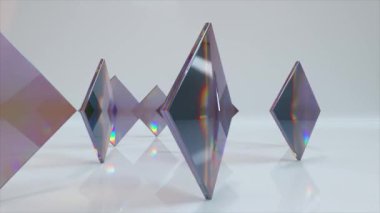 Koyu renk dikdörtgen lensler ışık arkaplan üzerinde bir daire şeklinde döner. Işık kırılması. Temiz geometrik cam. Kusursuz bir döngünün 3 boyutlu animasyonu.