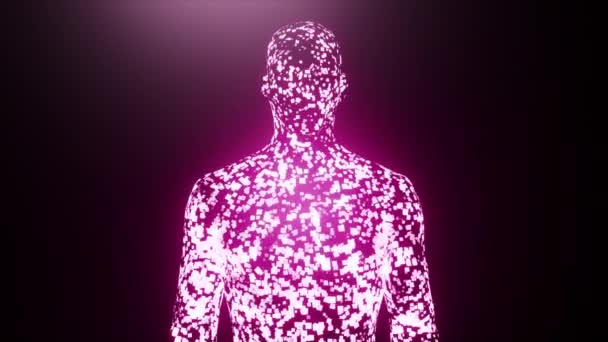 Visualisering Artificiell Intelligens Mänsklig Figur Framträder Neonlila Glödande Partiklar Mörk — Stockvideo
