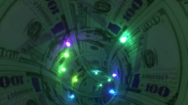 Let První Osoby Přes Peněžní Tunel Neonově Zelené Modré Girlandy — Stock video