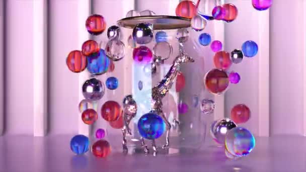 假期的概念 钻石长颈鹿走在一个透明的罐子里 周围环绕着五彩缤纷的球 动态背景 3D动画 — 图库视频影像