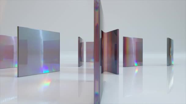 变暗的矩形镜片在明亮的背景上呈圆形旋转 光的折射透明的几何图形玻璃无缝循环的3D动画 — 图库视频影像