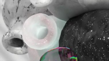 Birkaç seramik ve yıldızlı vazo hafif bir zemin üzerinde havada çarpışır. Yumuşak vücutların simülasyonu. 3d canlandırma.
