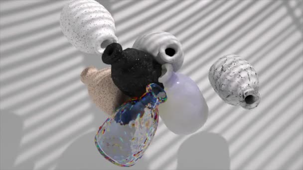 Verschillende Keramische Gesteriliseerde Vazen Botsen Lucht Een Lichte Achtergrond Simulatie — Stockvideo