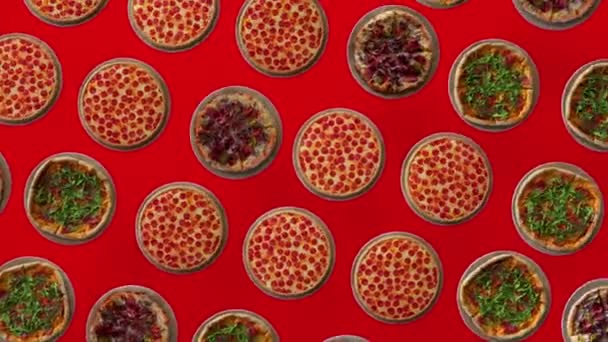 Trendige Lebensmittel Hintergrund Animation Fliegen Viele Pizzen Auf Rotem Hintergrund — Stockvideo