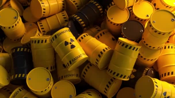 含有核辐射废物的黄色和黑色桶的垃圾 工业容器辐射污染的危险 3D动画 — 图库视频影像