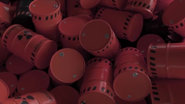 Vertido Barriles Rojos Negros Con Residuos Radiactivos Nucleares Peligro Contaminación — Vídeo de stock