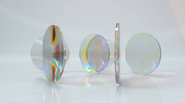 Soyut kavram. Şeffaf yuvarlak lensler ışık arka planında döner. Işık kırılması. 3d illüstrasyon.