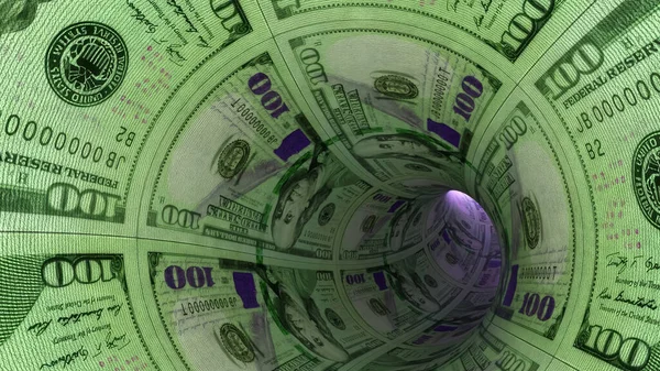Finance concept. Flight through the tunnel of dollars. A light in the end of a tunnel. 3d illustration.