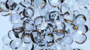  Soyut kavram. Jel şeffaf kabarcıklar arkaplanda kaotik bir şekilde hareket ederler. Sıvı. El salla. Su sıçrattı. 3 Boyutlu Canlandırma.