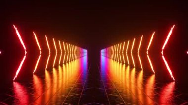 Karanlık ve soyut bir arkaplanda parlak, fütürist bir neon koridor. Çok renkli bir aydınlatma. Kusursuz bir döngünün 3 boyutlu animasyonu.