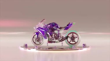 Reklam konsepti. Bir elmas motosiklet yuvarlak, parlak bir platformda döner. Motorsiklet. Mor pembe neon rengi. Sunum. Kusursuz bir döngünün 3 boyutlu animasyonu.