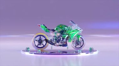 Reklam konsepti. Bir elmas motosiklet yuvarlak, parlak bir platformda döner. Motorsiklet. Mavi yeşil neon rengi. Sunum. Kusursuz bir döngünün 3 boyutlu animasyonu.