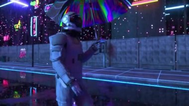  Soyut fütüristik kavram. Bir astronot yağmurda bir Cyberpunk şehrinde şemsiyeyle yürüyor. Gece Şehri. Mavi neon ışık. Gökkuşağı. 3 Boyutlu Canlandırma