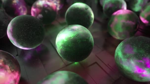多くの宇宙の概念を視覚化する 球の中の宇宙空間 パープルグリーンネオンカラー 3Dアニメーション — ストック動画