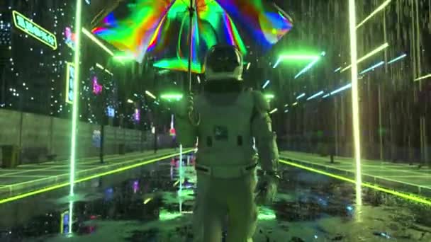 Soyut Fütüristik Kavram Bir Astronot Yağmurda Bir Cyberpunk Şehrinde Şemsiyeyle — Stok video