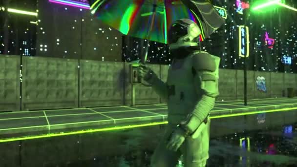 宇航员在雨中漫步 夜晚穿过一个未来派的城市 新雨伞 太空服 网络朋克 绿色霓虹灯 3D动画 — 图库视频影像