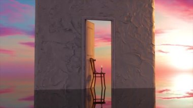 Beyaz beton bir duvar ve hayali dünyaya açılan açık bir kapı. Sürrealizm. Arka planda pembe mor gün batımı. Kapının önündeki sandalyede bir mum yanıyor. Rüya gör. 3 Boyutlu Canlandırma.