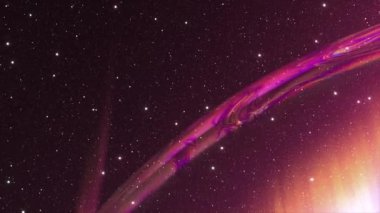 Soyut kavram. Karanlık bir arkaplanda gökkuşağı renkleriyle parıldayan büyük şeffaf bir baloncuk. Neon mor renk. 3 Boyutlu Canlandırma.