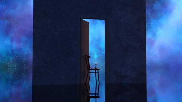 神奇的概念 外太空背景下的一堵墙和一扇敞开的门 超现实主义 恒星和星系门口有一把点燃了蜡烛的椅子 3D动画 — 图库视频影像
