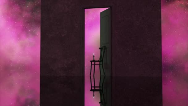 神奇的概念 外太空背景下的一堵墙和一扇敞开的门 恒星和星系门口有一把点燃了蜡烛的椅子 3D动画 — 图库视频影像