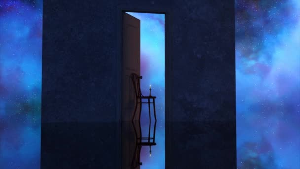 摘要概念 一支点燃的蜡烛在门口的椅子上燃着 背景中的空间 蓝色霓虹灯的颜色 想象力 3D动画 — 图库视频影像