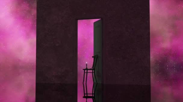 摘要概念 一支点燃的蜡烛在门口的椅子上燃着 背景中的空间 紫色的霓虹灯色 想象力 3D动画 — 图库视频影像