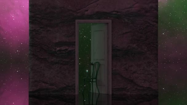 神奇的概念 外太空背景下的一堵墙和一扇敞开的门 恒星和星系门口有一把点燃了蜡烛的椅子 超现实主义 3D动画 — 图库视频影像