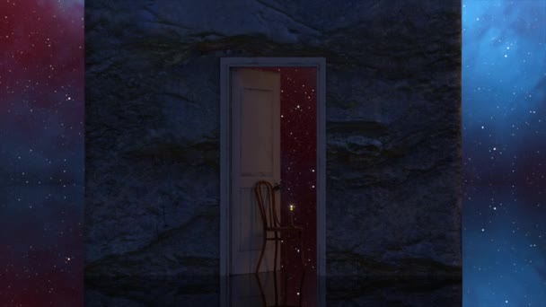 摘要概念 一支点燃的蜡烛在门口的椅子上燃着 背景中的空间 蓝色紫色霓虹灯的颜色 想象力 3D动画 — 图库视频影像
