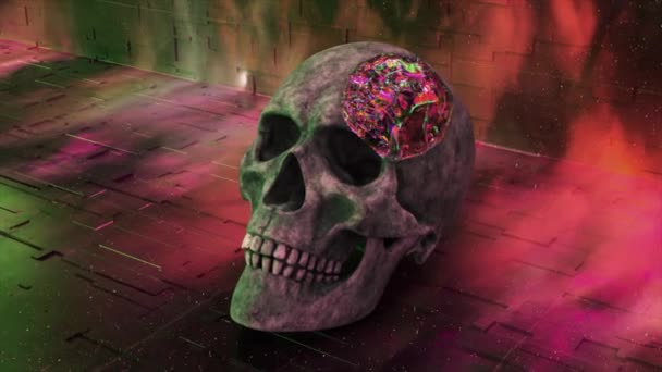 Liquid Diamond Substance Coats Skull Turns Bone Diamond Neon Light — Stock Video