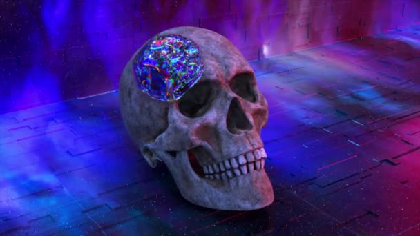 Abstract Concept Human Skull Becomes Diamond Neon Background Transformation Reincarnation — Stock Video