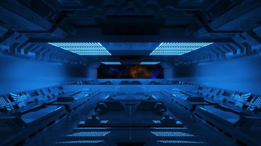 Bir uzay gemisinin içindeki tünelden sonsuz uçuş. Kargo bölümü. İleride açık alan görüntüsü. Mavi neon rengi.