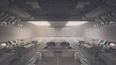 Gelecekteki teknoloji konsepti. Bilim kurgu beyaz tüneli. Bilim kurgu koridoru beyaz renk. 3B illüstrasyon.