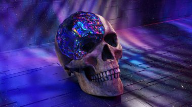 Sıvı elmas bir madde kafatasını kaplar ve kemiği elmasa çevirir. Neon ışığı. Gökkuşağı. 3B illüstrasyon.