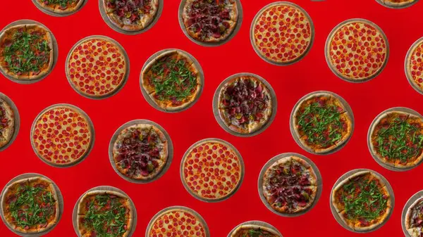 Trendy Food Achtergrond Illustratie Van Vliegen Vele Pizza Rode Achtergrond — Stockfoto