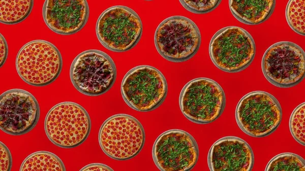 Trendy Food Background Illustration Flying Many Pizzas Red Background — Stock Photo, Image
