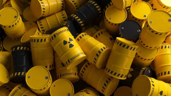 Despejo Barris Amarelos Pretos Com Resíduos Radioactivos Nucleares Perigo Contaminação — Fotografia de Stock
