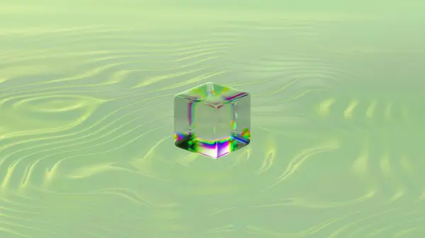 The surface of the water. Art background. Trending 3d motion design. The rainbow drop turns into a cube breaking out from the surface of the water and creating waves. 3D illustration