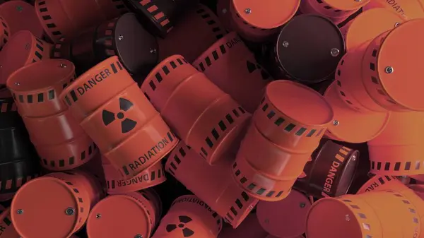 Animation of multiple red barrels with black nuclear symbols. nuclear power and energy concept 3D illustration