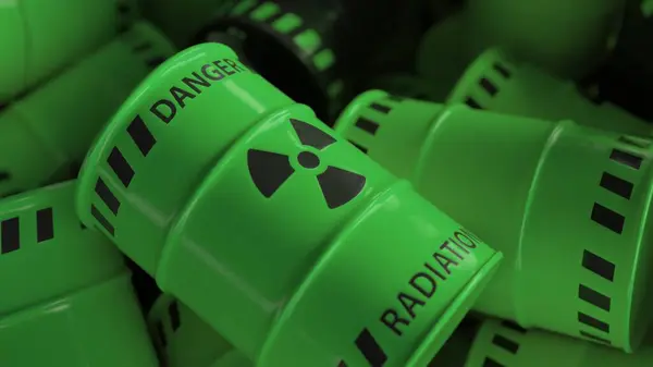 Animation of multiple green barrels with black nuclear symbols. nuclear power and energy concept 3D illustration