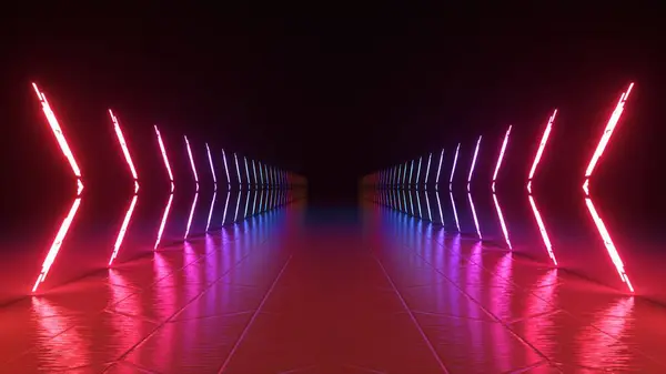 ネオン抽象概念 レーザーのラインはオレンジ色から青色 紫色に変わります イルミネーション 暗い床にネオンランプの反射 3Dイラスト — ストック写真